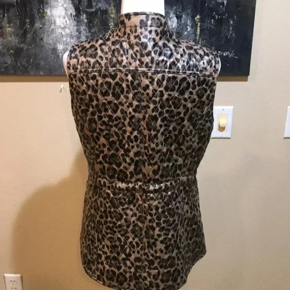 V Cristina Faux Leather Animal Print Vest w/Pockets & Adjustable Tie Belt-Size M